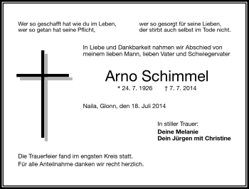 Traueranzeige von Arno Schimmel von Frankenpost