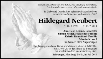 Traueranzeige von Hildegard neubert von Südthüringer Presse