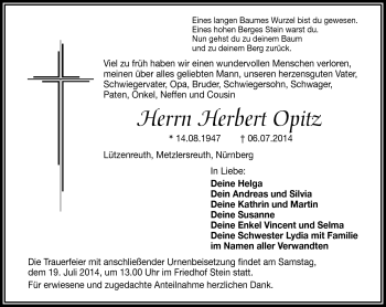 Traueranzeige von Herbert Opitz von Frankenpost
