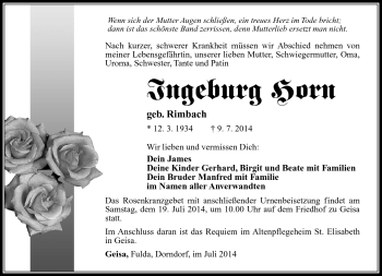 Traueranzeige von Ingeborg Horn von Südthüringer Presse