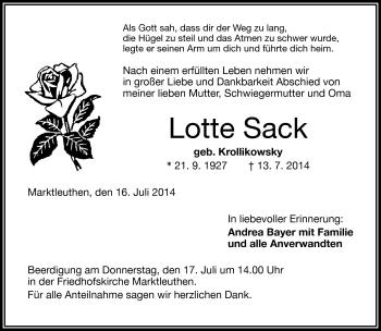 Traueranzeige von Lotte Sack von Frankenpost