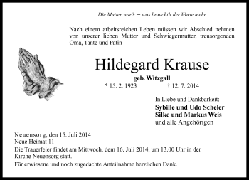 Traueranzeige von Hildegard Krause von Neue Presse Coburg