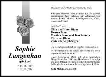 Traueranzeige von Sophie Langenhan von Südthüringer Presse
