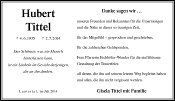 Traueranzeige von Hubert Tittel von Neue Presse Coburg