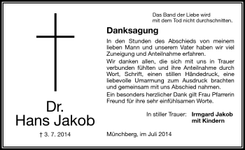 Traueranzeige von Hans Dr. Jakob von Frankenpost