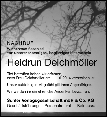 Traueranzeige von Heidrun Deichmöller von Südthüringer Presse