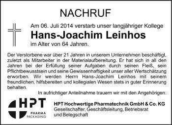 Traueranzeige von Hans -Joachim leinhos von Südthüringer Presse