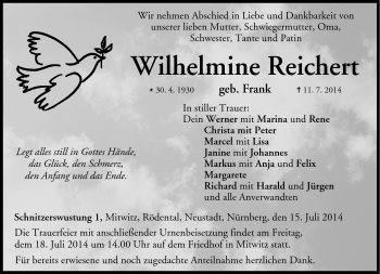 Traueranzeige von Wilhelmine Reichert von Neue Presse Coburg