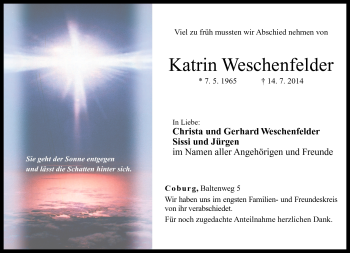 Traueranzeige von Katrin Weschenfelder von Neue Presse Coburg