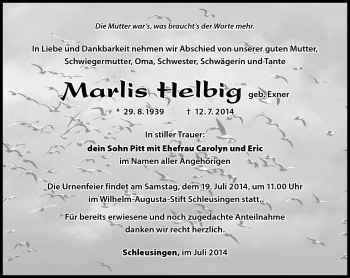 Traueranzeige von Marlis helbig von Südthüringer Presse