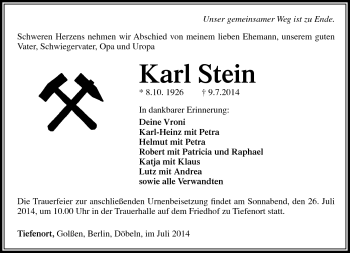 Traueranzeige von Karl Stein von Südthüringer Presse