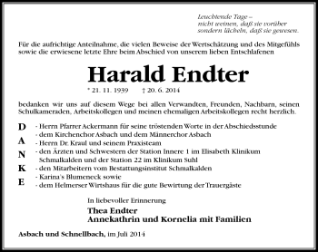 Traueranzeige von Haraldt Endter von Südthüringer Presse