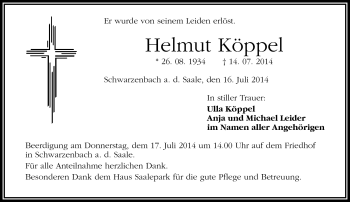 Traueranzeige von Helmut Köppel von Frankenpost