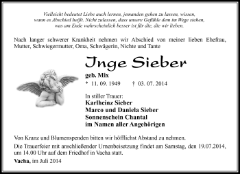 Traueranzeige von Inge Sieber von Südthüringer Presse