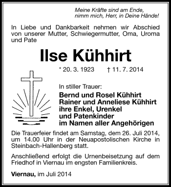 Traueranzeige von Ilse Kühhirt von Südthüringer Presse