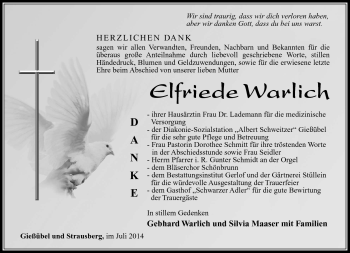Traueranzeige von Elfriede Warlich von Südthüringer Presse