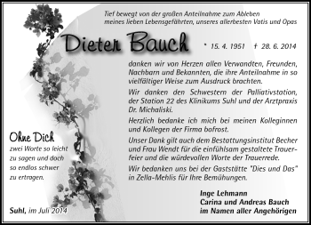 Traueranzeige von Dieter Bauch von Südthüringer Presse