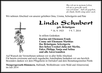 Traueranzeige von Linda Schubert von Südthüringer Presse