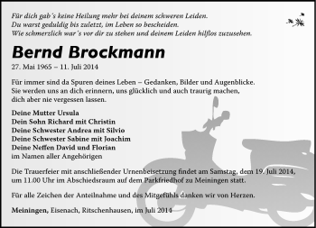 Traueranzeige von Bernd Brockmann von Südthüringer Presse