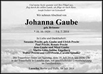 Traueranzeige von Johanna Gaube von Südthüringer Presse