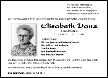 Traueranzeige von Elisabeth Danz von Südthüringer Presse