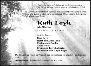 Traueranzeige von Ruth Leyh von Südthüringer Presse