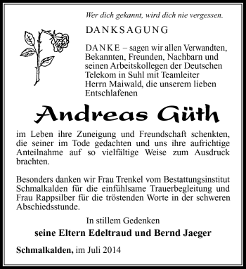 Traueranzeige von Andreas Güth von Südthüringer Presse