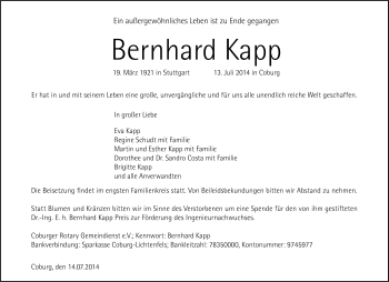 Traueranzeige von Bernhard Kapp von Neue Presse Coburg