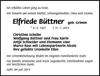 Traueranzeige von Elfriede Büttner von Südthüringer Presse