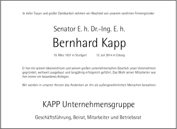 Traueranzeige von Bernhard Kapp von Neue Presse Coburg