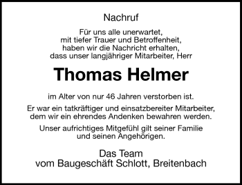 Traueranzeige von Thomas Helmer von Südthüringer Presse