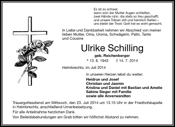 Traueranzeige von Ulrike Schilling von Frankenpost