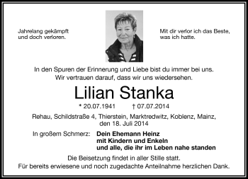 Traueranzeige von Lilian Stanka von Frankenpost