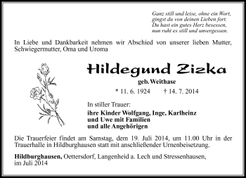 Traueranzeige von Hildegund Zizka von Südthüringer Presse