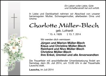 Traueranzeige von Charlotte Müller-Blech von Südthüringer Presse