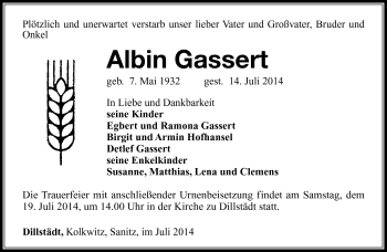 Traueranzeige von Albin Gassert von Südthüringer Presse