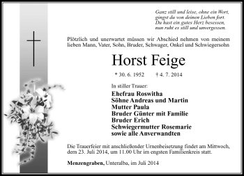 Traueranzeige von Horst Feige von Südthüringer Presse