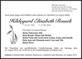 Traueranzeige von Hildegard Rossek von Südthüringer Presse