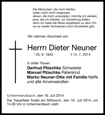 Traueranzeige von Dieter Neuner von Neue Presse Coburg