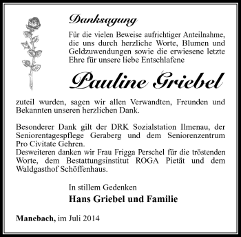 Traueranzeige von Pauline Griebel von Südthüringer Presse