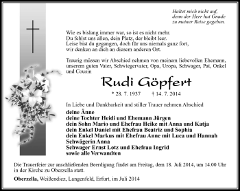 Traueranzeige von Rudi Göpfert von Südthüringer Presse