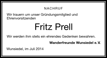 Traueranzeige von Fritz Prell von Frankenpost