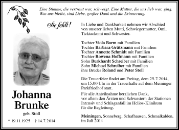 Traueranzeige von Johanna Brunke von Südthüringer Presse