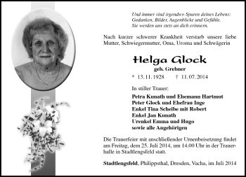 Traueranzeige von Helga Glock von Südthüringer Presse