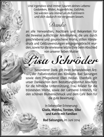Traueranzeige von Lisa Schröder von Südthüringer Presse