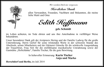 Traueranzeige von Edith Hoffmann von Südthüringer Presse