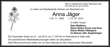 Traueranzeige von Anna Jäger von Frankenpost