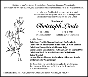Traueranzeige von Christoph Linde von Südthüringer Presse