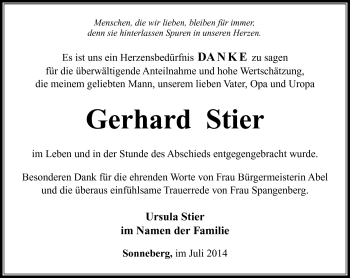 Traueranzeige von Gerhard Stier von Südthüringer Presse