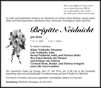 Traueranzeige von Brigitte Neidnicht von Südthüringer Presse